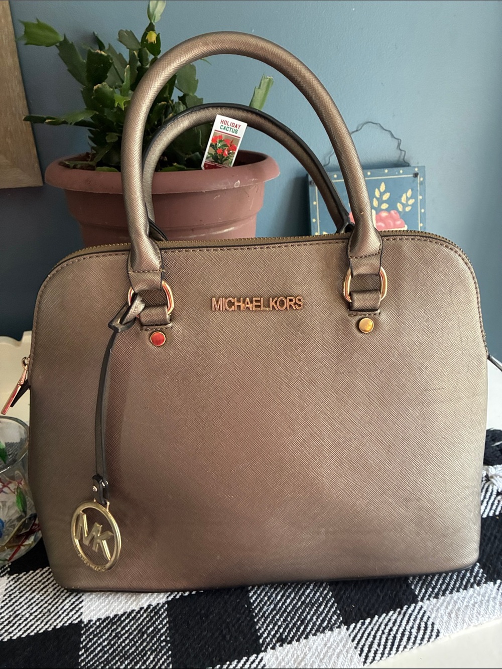 Michael Kors Metallic Taupe Dome Satchel with Gold Accents